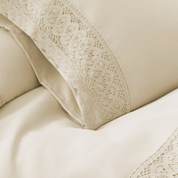 Udine 3 Piece Twin Size Microfiber Sheet Set with Crochet lace , Cream - BM202183