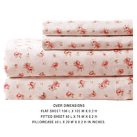 Melun 4 Piece Rose Pattern King Size Microfiber Sheet Set , Pink - BM202207