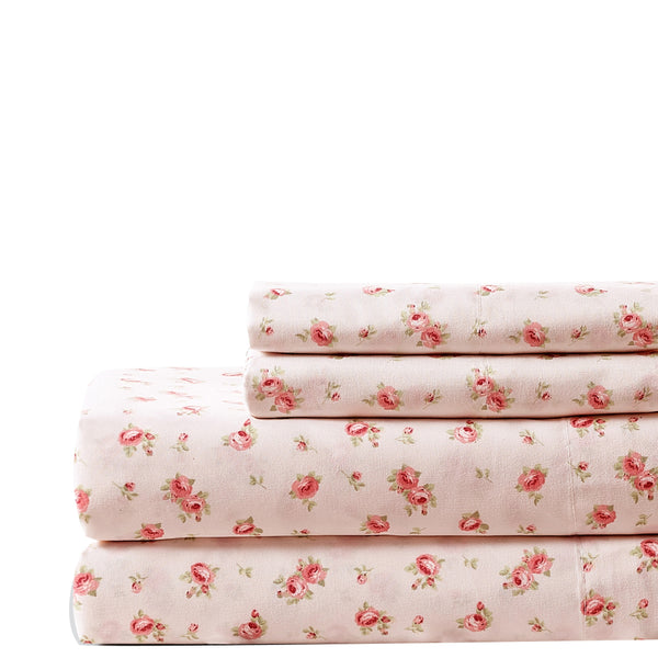 Melun 4 Piece Rose Pattern King Size Sheet Set , Pink and White - BM202209