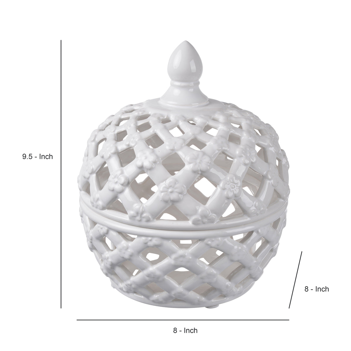 Decorative Ceramic Lidded Jar with Flower Motif Exterior, Small, White - BM202236