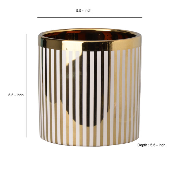 Ceramic Cylindrical Planter with Strips Pattern, White and Gold - BM202243