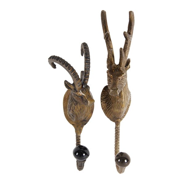 Metal Sheep Head Hangers with Crystal Ball At Base, Set of 2, Gold - BM202260