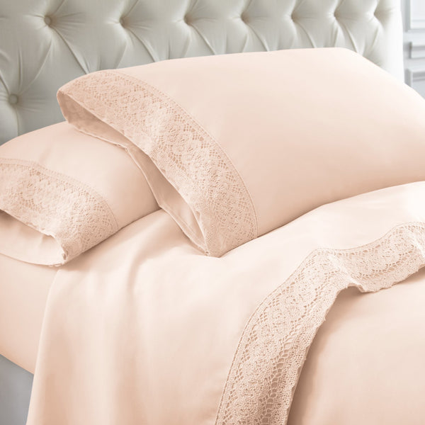 Udine 4 Piece Full Size Microfiber Sheet Set with Crochet Lace , Pink - BM202365