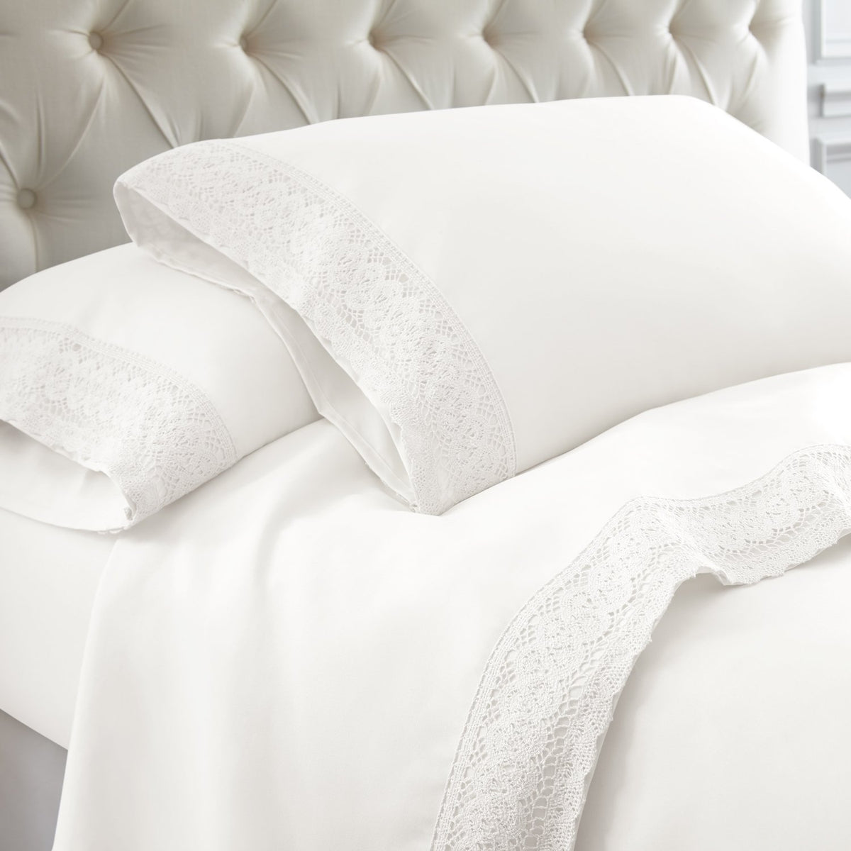 Udine 4 Piece Full Size Microfiber Sheet Set with Crochet Lace , White - BM202370