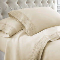 Udine 4 Piece California King Size Sheet Set with Crochet Lace , Cream - BM202456