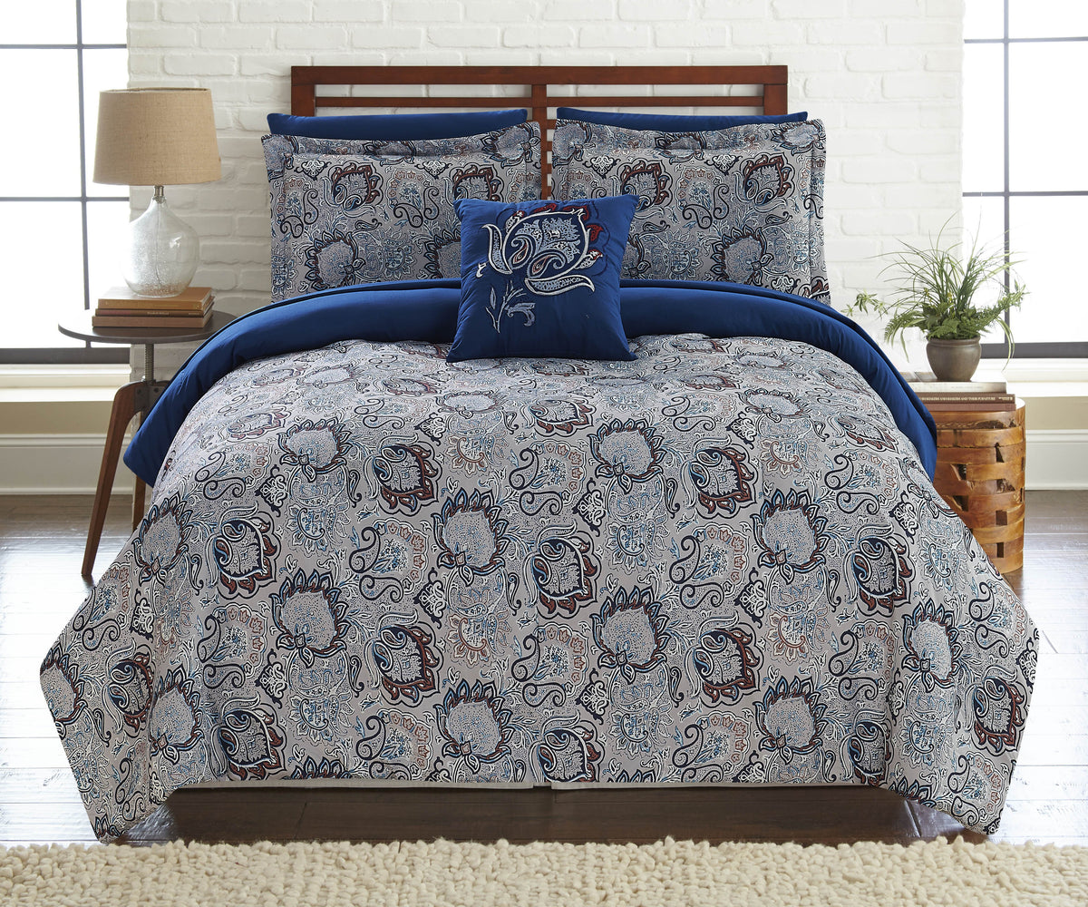 Caen 8 Piece Full Size Printed Reversible Comforter Set , Gray and Blue - BM202725