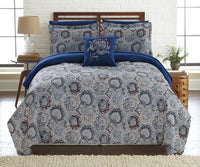 Caen 8 Piece Full Size Printed Reversible Comforter Set , Gray and Blue - BM202725