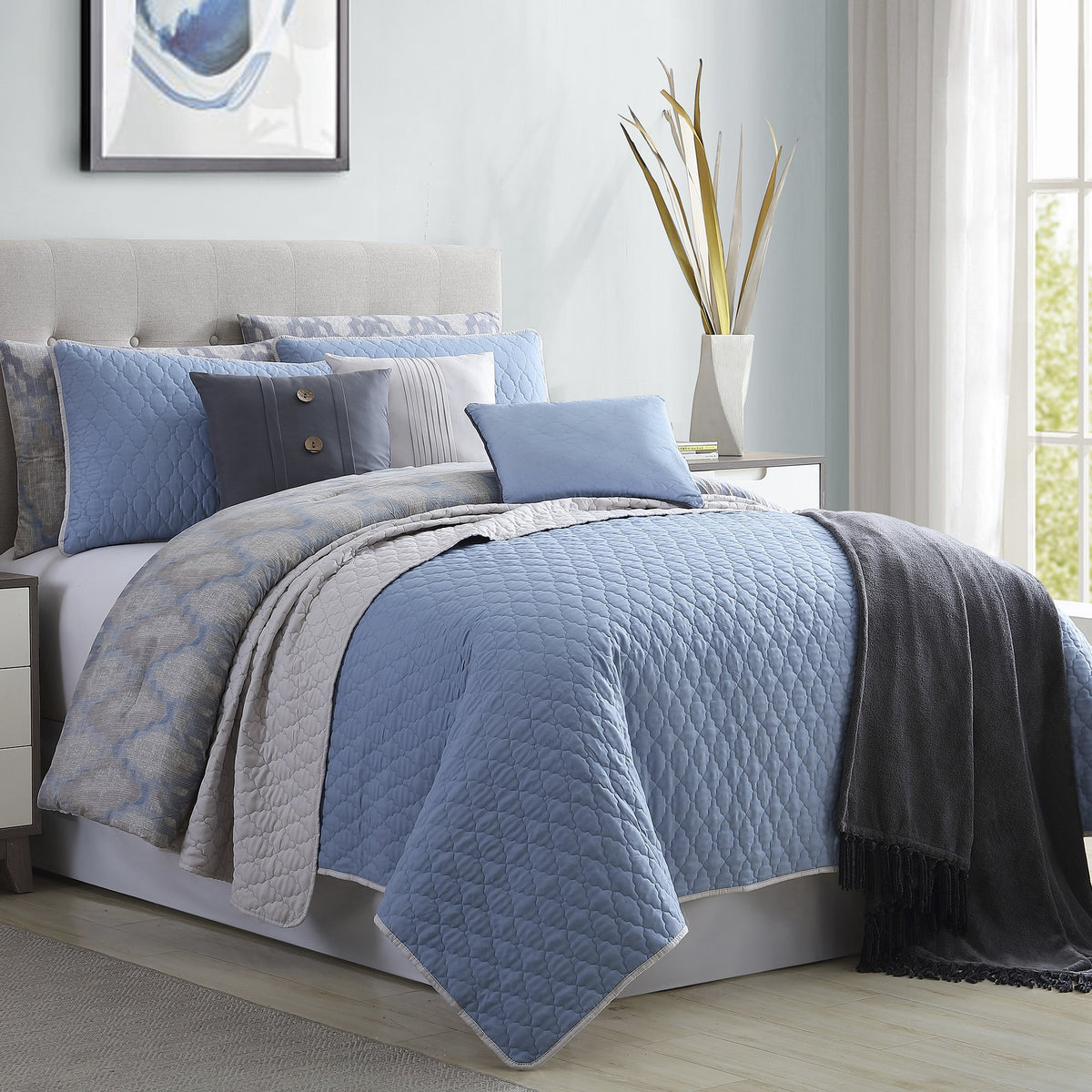 Andria 10 Piece Queen Size Comforter and Coverlet Set , Blue and Gray - BM202793
