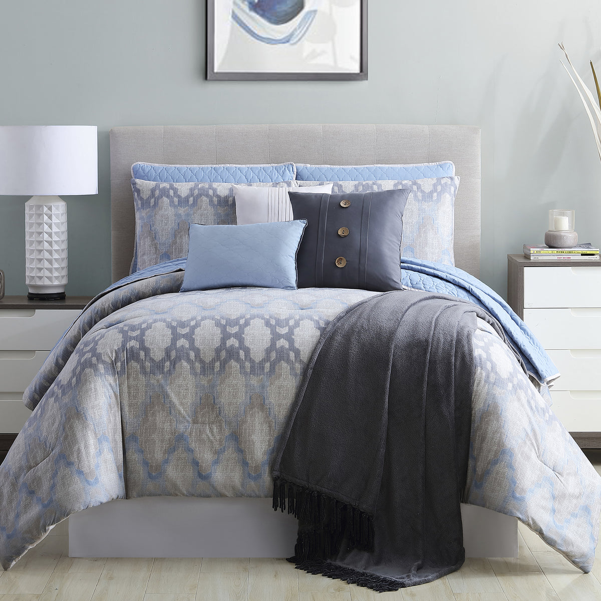 Andria 10 Piece Queen Size Comforter and Coverlet Set , Blue and Gray - BM202793