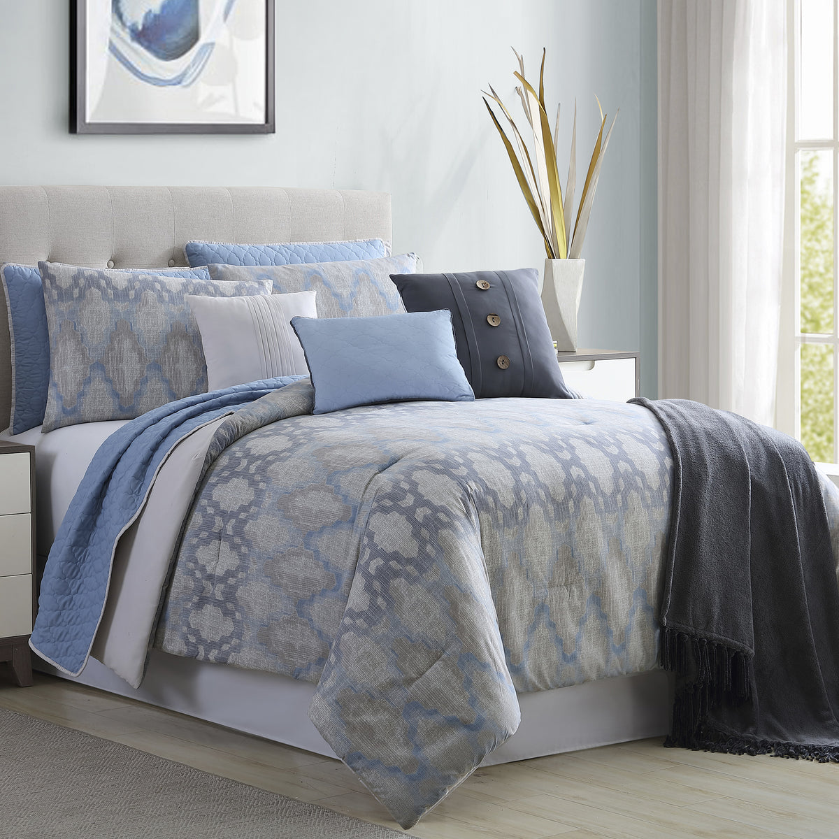 Andria 10 Piece King Size Comforter and Coverlet Set , Blue and Gray - BM202800