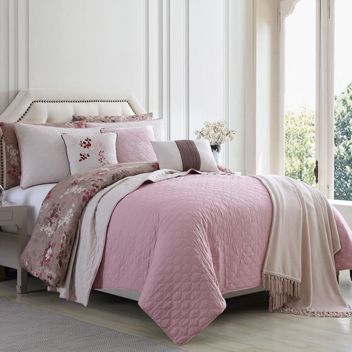 Andria 10 Piece King Size Comforter and Coverlet Set , Brown and Pink - BM202801