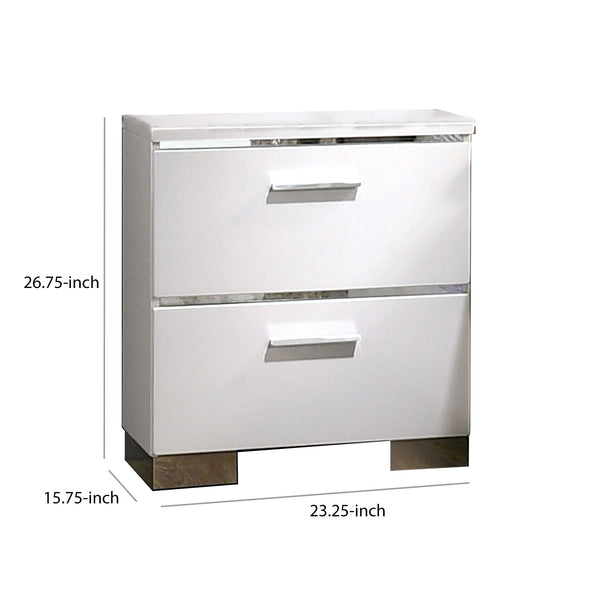 Wood and Metal Nightstand with 2 Drawers,  White and Silver - BM203172