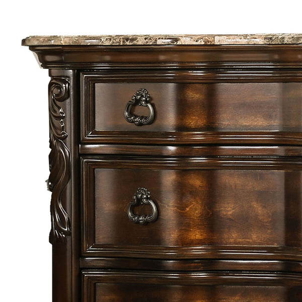 3 Drawer Wooden Nightstand with Marble Top and Scrolled Legs, Brown - BM203261