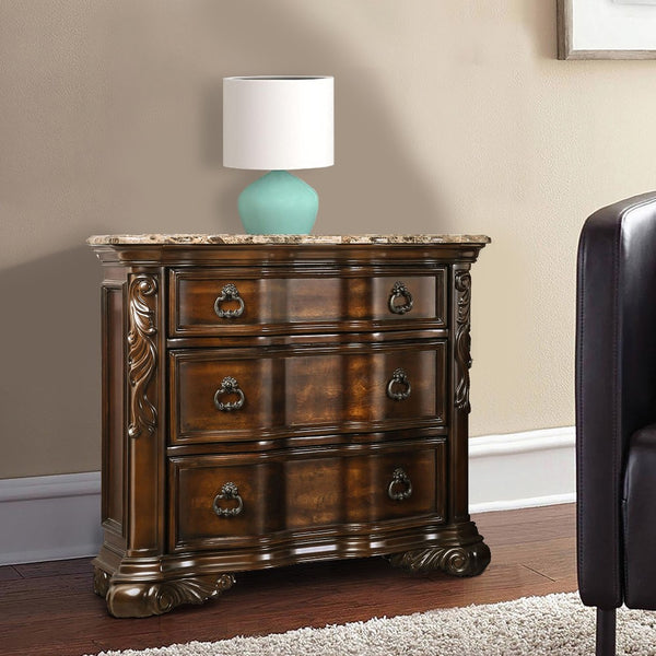 3 Drawer Wooden Nightstand with Marble Top and Scrolled Legs, Brown - BM203261