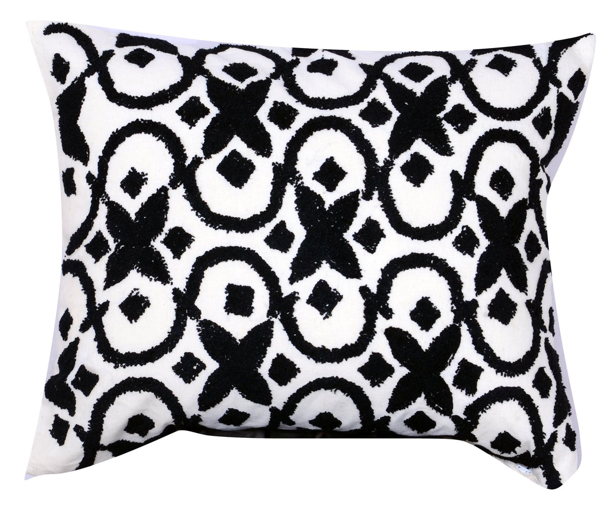 20 x 16 Inch Cotton Pillow with Geometric Embroidery, White and Black - BM203477