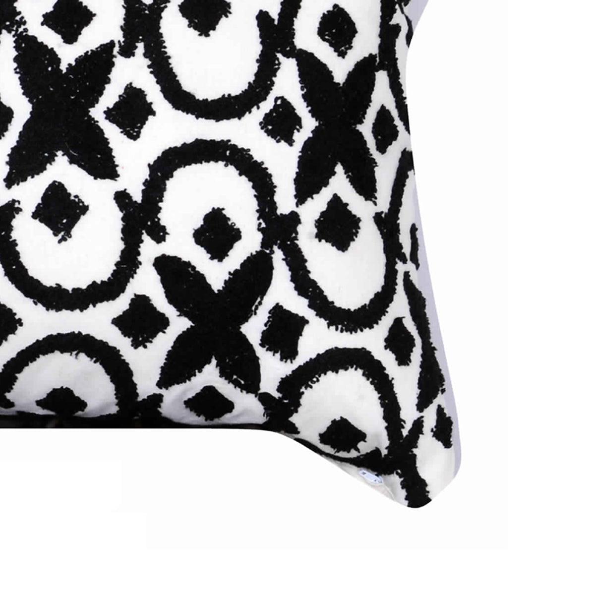 20 x 16 Inch Cotton Pillow with Geometric Embroidery, White and Black - BM203477