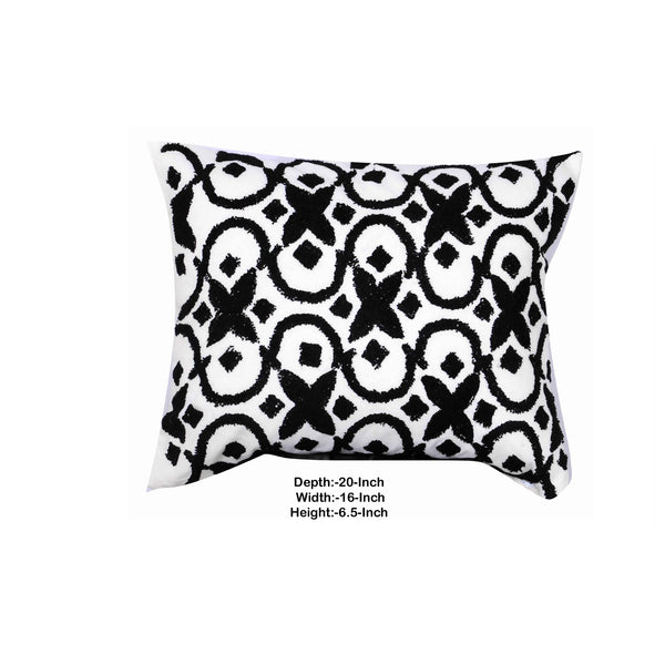 20 x 16 Inch Cotton Pillow with Geometric Embroidery, White and Black - BM203477