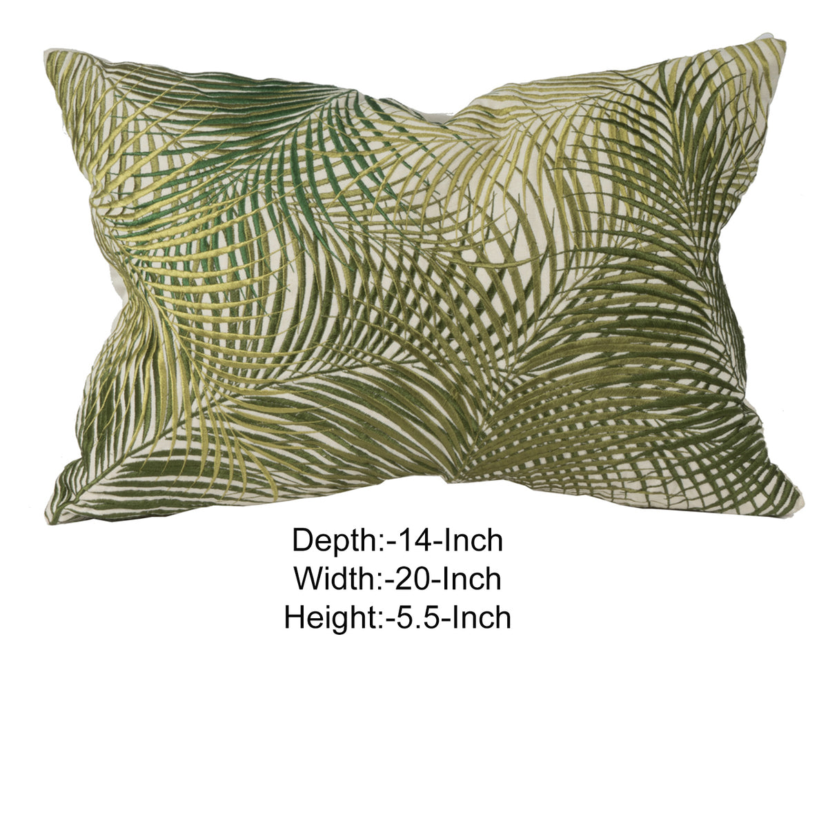 20 X 14 Inch Embroidered Pillow with Palm Leaf Design, White and Green - BM203504