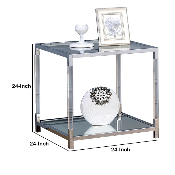 24 Inch Modern Metal End Table, Glass Top and Shelf, Silver and Clear - BM203953