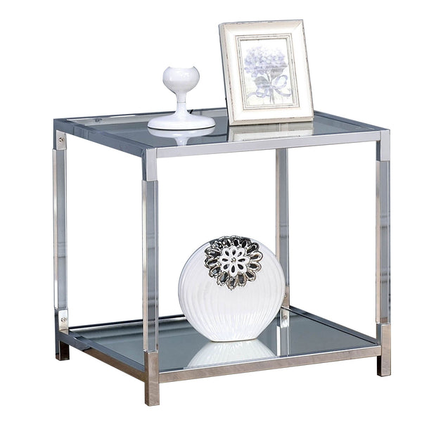 24 Inch Modern Metal End Table, Glass Top and Shelf, Silver and Clear - BM203953