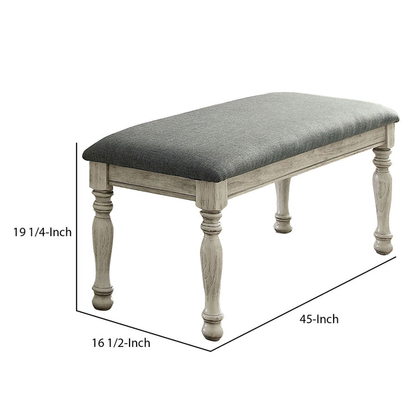 Transitional Fabric Upholstered Wooden Bench, Gray and White - BM203986