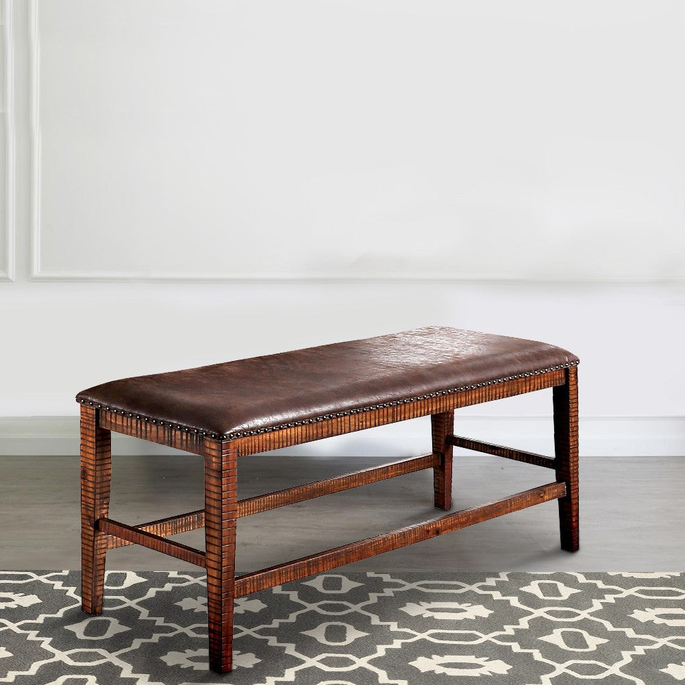 Wood and Faux leather Counter Height Bench with Nailhead Trims, Brown - BM204005