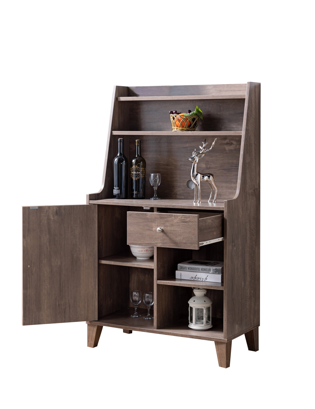 Wooden 1 Door Bakers Cabinet with 2 Top Shelves and 1 Drawer in Brown - BM204158