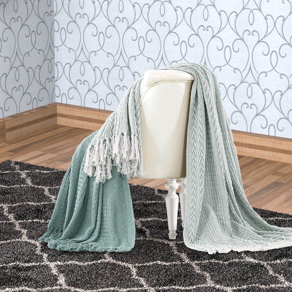 Latina Cotton Throw with Decorative Fringe The Urban Port, Set of 2, Aqua Blue - BM204218