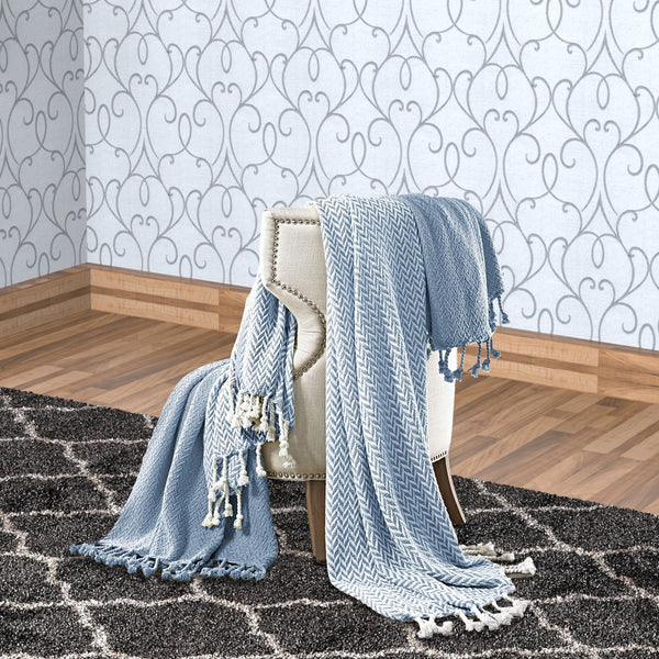 Montgeron Herringbone Throw The Urban Port, Set of 2, Blue and White - BM204251