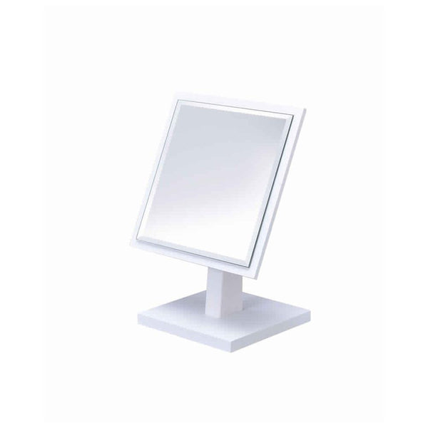 Square Makeup Mirror with Wooden Pedestal Base, White and Silver - BM204306
