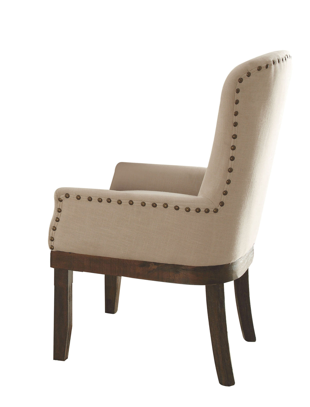 Wooden Arm Chair with Wing Back and Nailhead Trims, Beige and Brown - BM204351