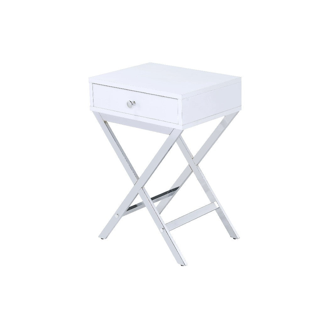 Wood and Metal Side Table with Crossed Base, White and Silver - BM204493