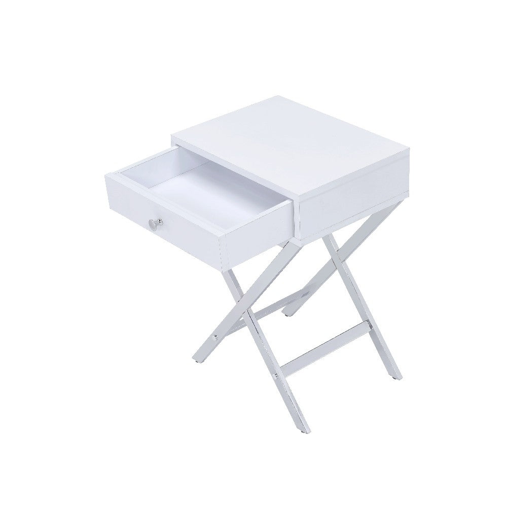 Wood and Metal Side Table with Crossed Base, White and Silver - BM204493