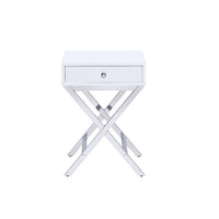 Wood and Metal Side Table with Crossed Base, White and Silver - BM204493