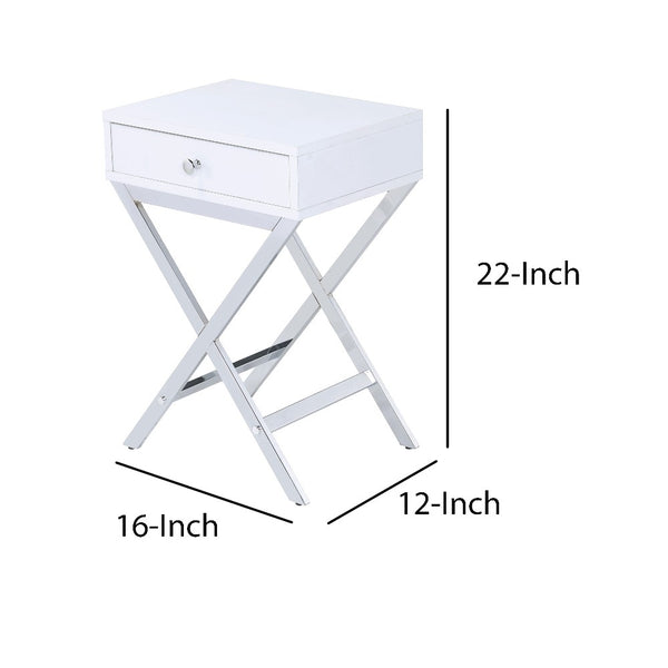 Wood and Metal Side Table with Crossed Base, White and Silver - BM204493