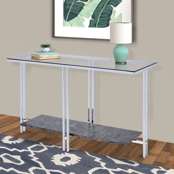 Glass Top Metal Sofa Table with Marble Bottom shelf, Silver and Clear - BM204499