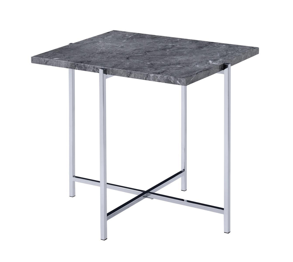Contemporary Marble Top End Table with Trestle Base , Gray and Silver - BM204501