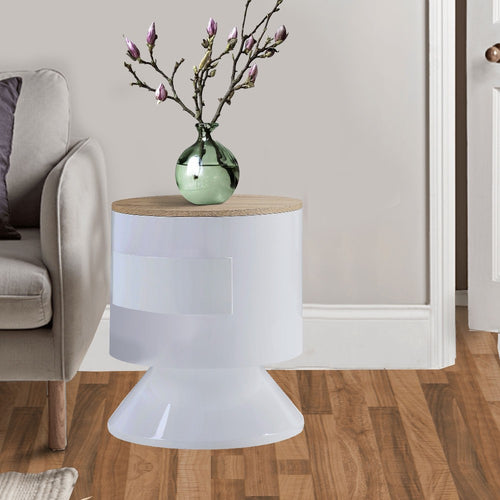 1 Drawer Pyramidal Base Circular Wooden Night Table, White and Brown - BM204600