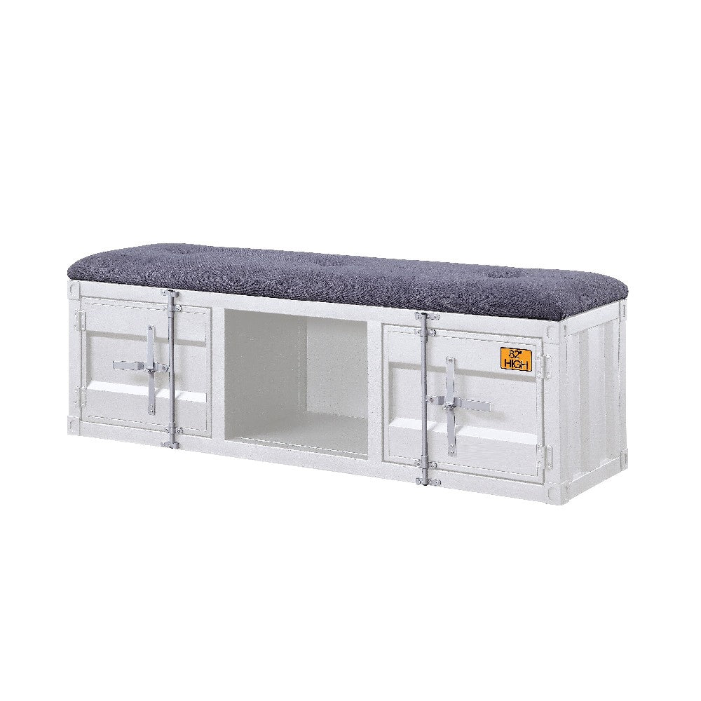 Metal Bench with Open Storage and Tufted Fabric Seat, White and Gray - BM204611