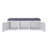 Metal Bench with Open Storage and Tufted Fabric Seat, White and Gray - BM204611