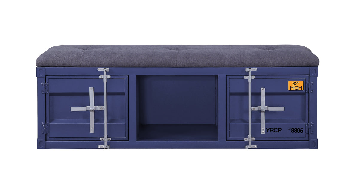 Industrial Metal and Fabric Bench with Open Storage, Blue and Gray - BM204627