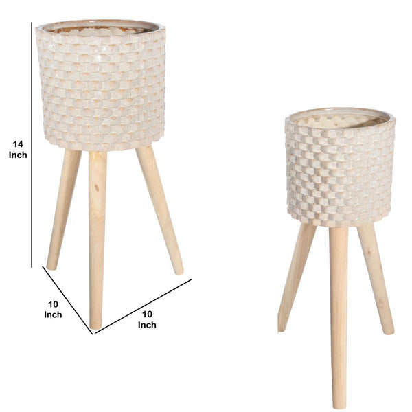 Textured Ceramic Planter with Tripod Legs, Set of 2, Cream and Brown - BM205141