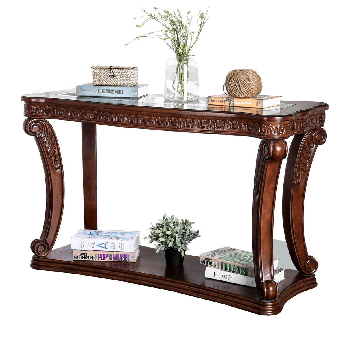 Traditional Sofa Table with Cabriole Legs and Wooden Carving, Brown - BM205337