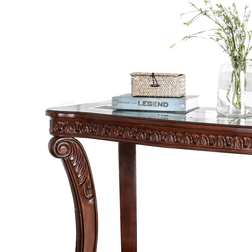 Traditional Sofa Table with Cabriole Legs and Wooden Carving, Brown - BM205337