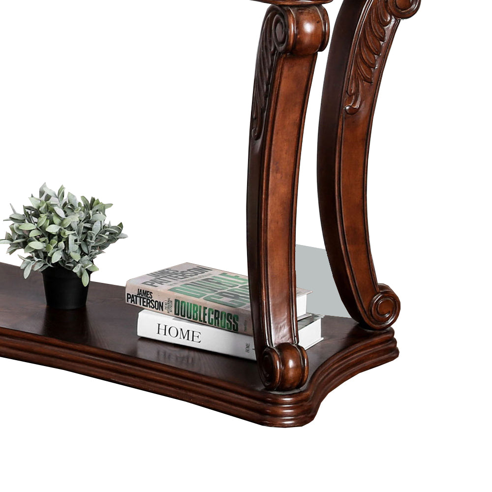 Traditional Sofa Table with Cabriole Legs and Wooden Carving, Brown - BM205337