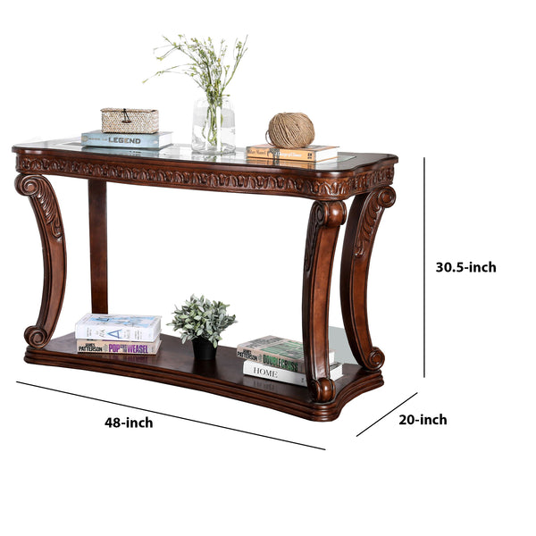 Traditional Sofa Table with Cabriole Legs and Wooden Carving, Brown - BM205337