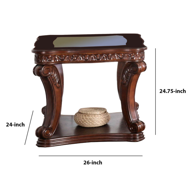 Traditional End Table with Cabriole Legs and Wooden Carving, Brown - BM205360