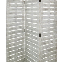Textured 3 Panel Foldable Wooden Screen with Slats, Gray - BM205385