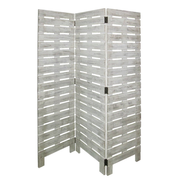 Textured 3 Panel Foldable Wooden Screen with Slats, Gray - BM205385