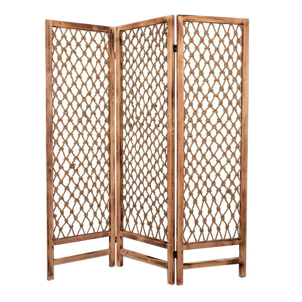 3 Panel Traditional Foldable Screen with Rope Knot Design, Brown - BM205389